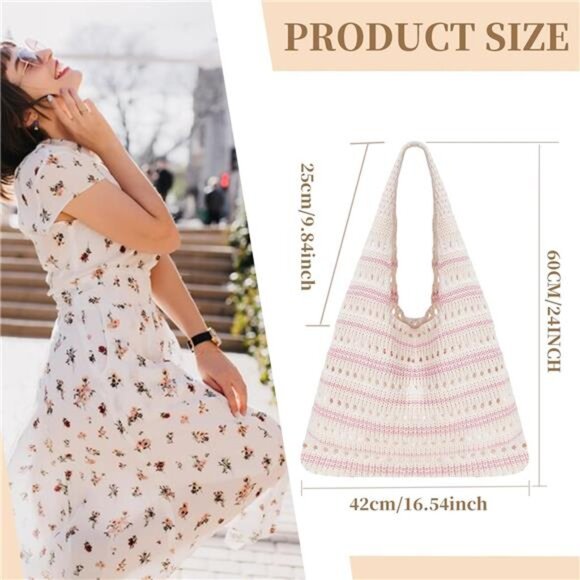 Crochet Tote Bag, Mesh Beach Bag Beige Pink - Picture 2 of 7